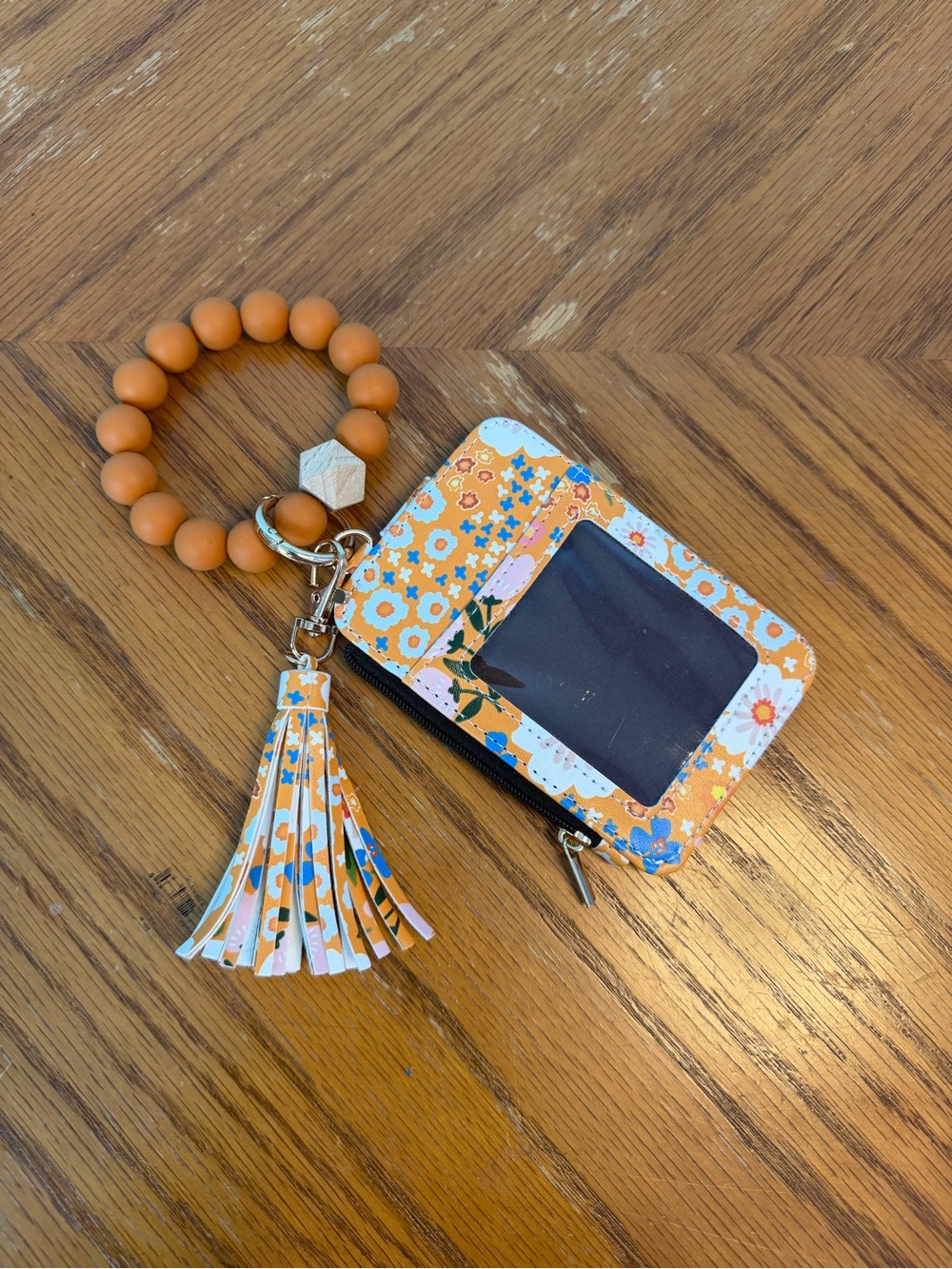 Floral Orange Beaded Wristlet Card Holder with Tassel